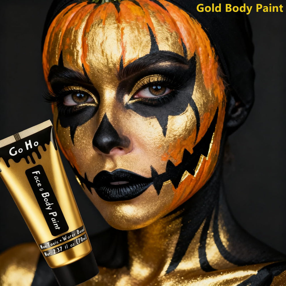 Go Ho metallic gold full-face SFX makeup creating bold festival look