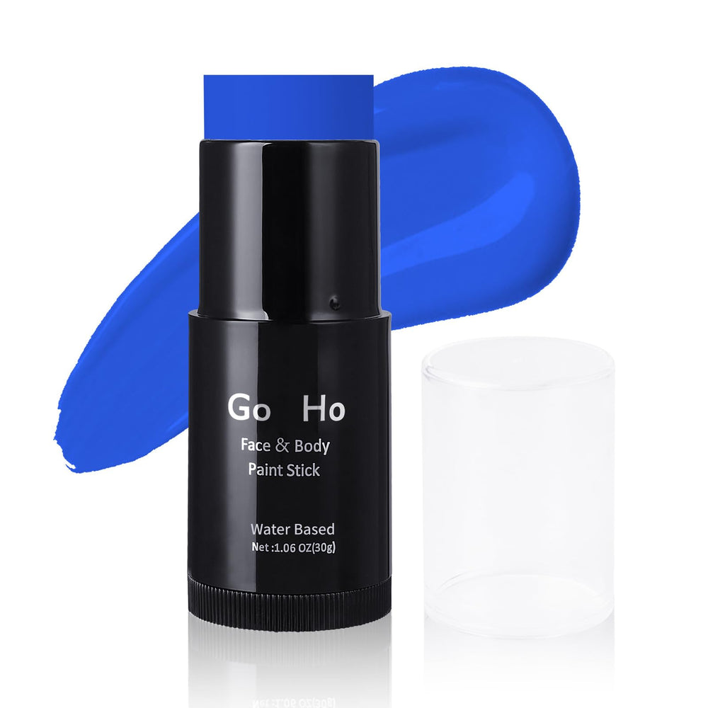Go Ho royal blue stick front view showing compact, travel-ready design and strong pigment
