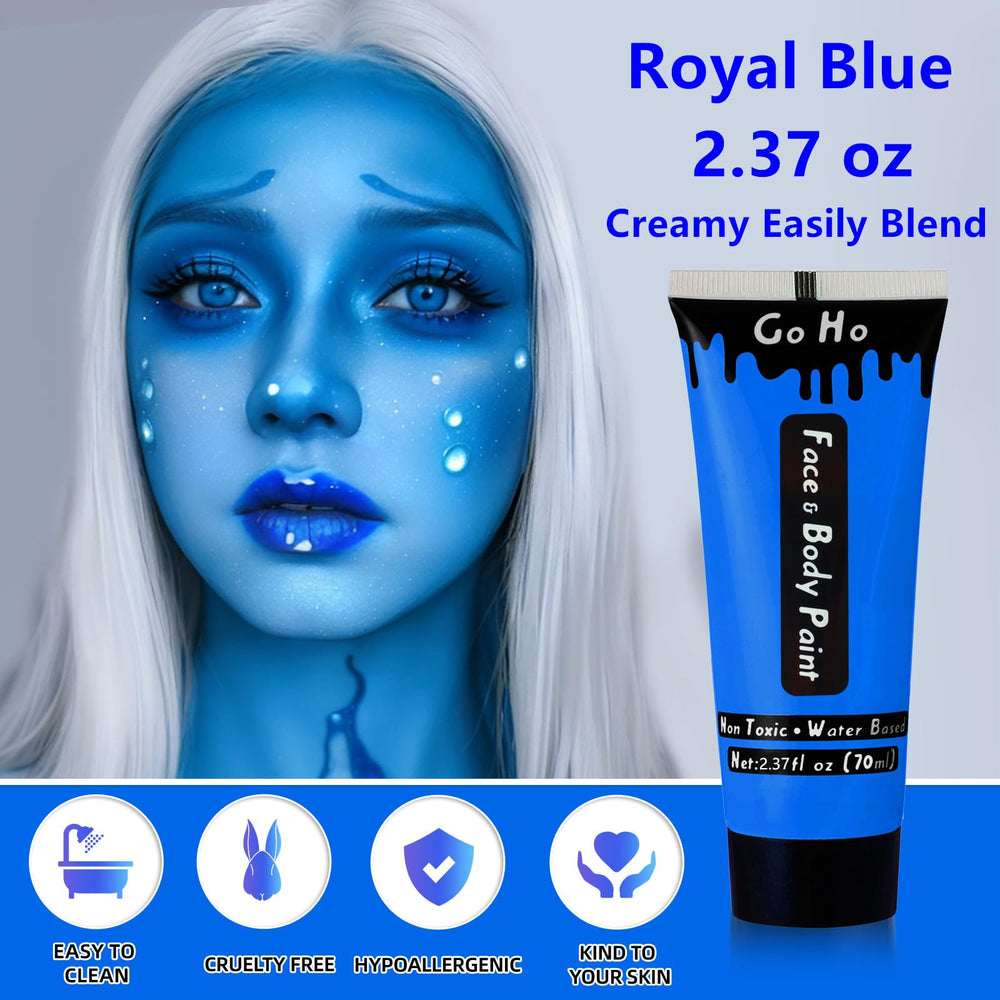 Go Ho royal blue full-face cosplay look demonstrating bold color payoff