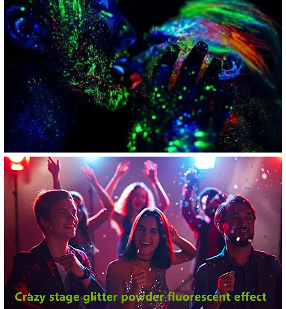 Go Ho glitter glowing under blacklight, illustrates strong UV-reactive effect
