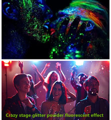 Go Ho glitter glowing under blacklight, illustrates strong UV-reactive effect