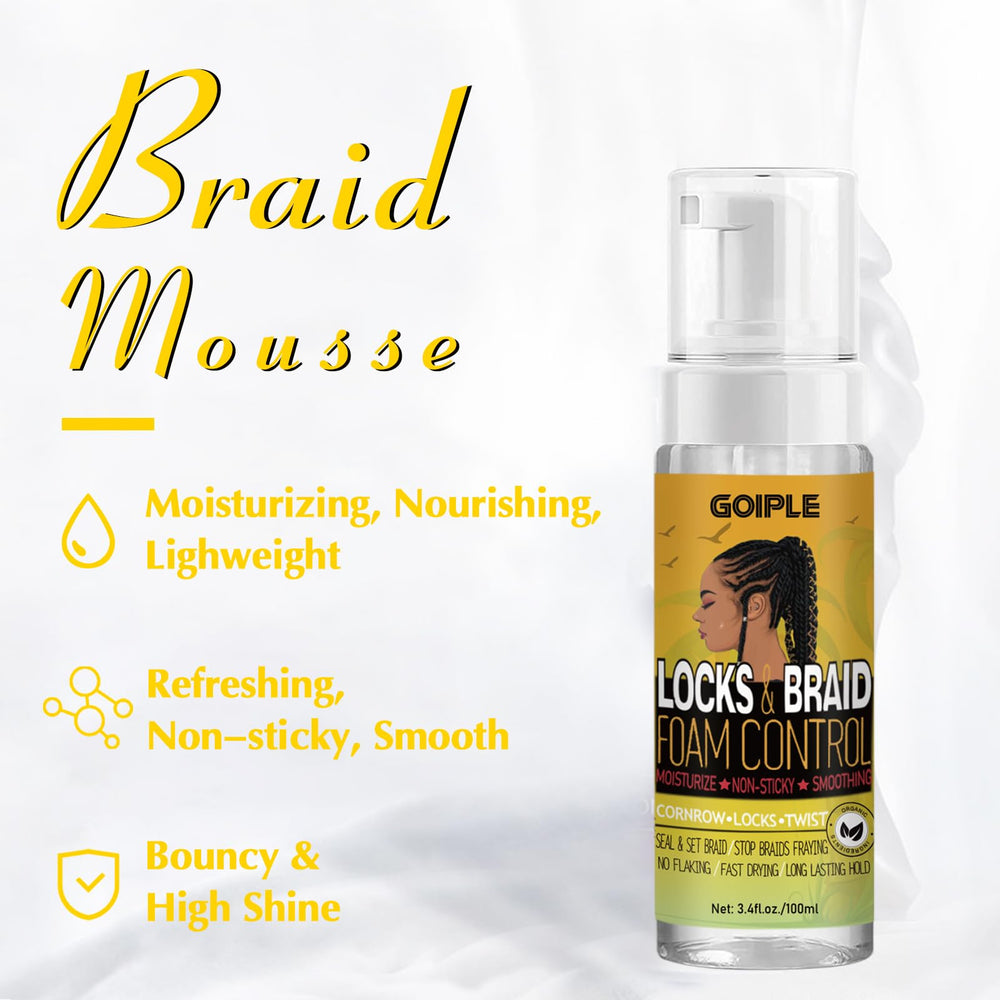Goiple braid mousse canister foam dispense showing lightweight hold and reduced frizz benefit