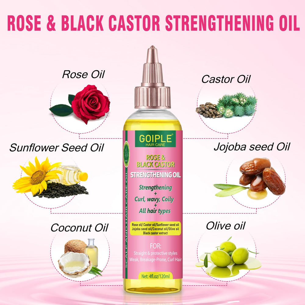 Goiple rose and castor oil bottle close-up showing dropper, nourishing shine benefit