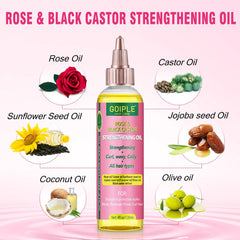 Goiple rose and castor oil bottle close-up showing dropper, nourishing shine benefit