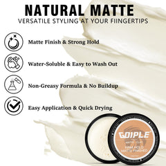 Goiple styled hair side view showing matte finish and natural look benefit