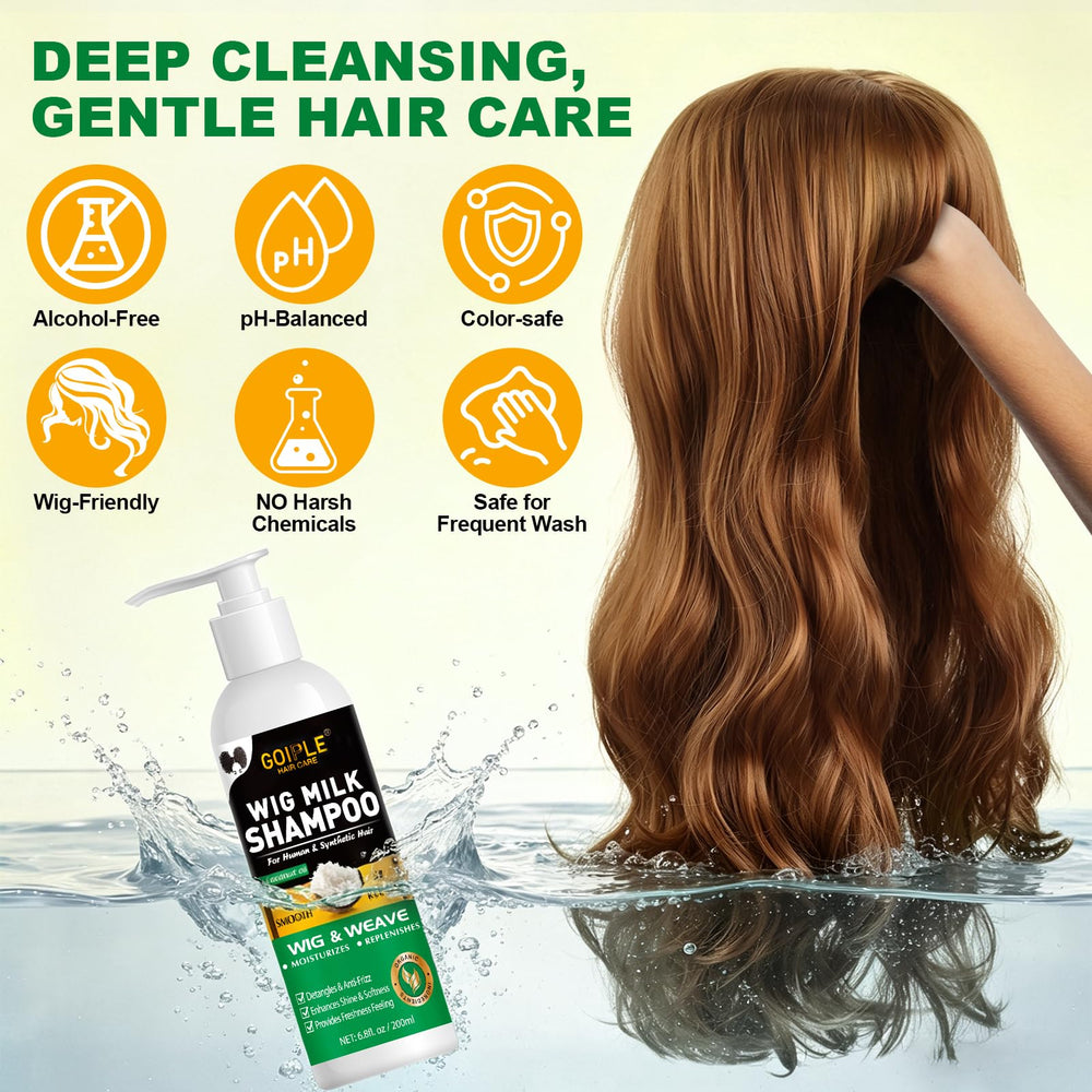 Goiple foam on wig fibers demonstrating low-foam cleanse and residue removal