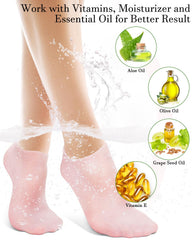 Golbylicc silicone socks worn during home treatment for deeper moisturization