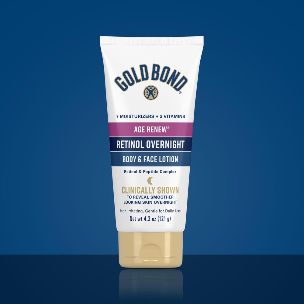 Gold Bond night application on jawline, showing retinol use for firmer-looking skin