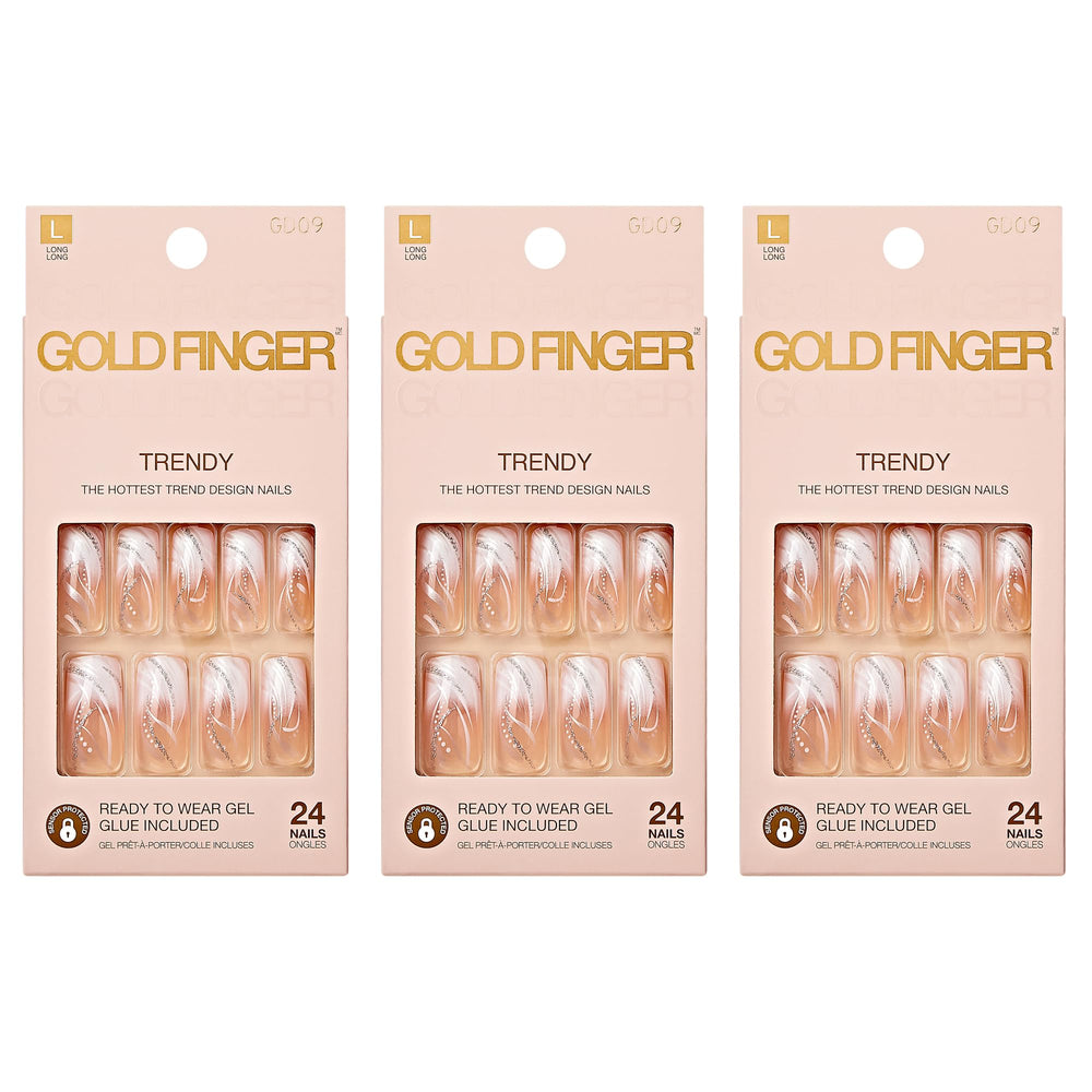 Goldfinger front packaging showing three glossy press-on nail packs and included glue for convenience
