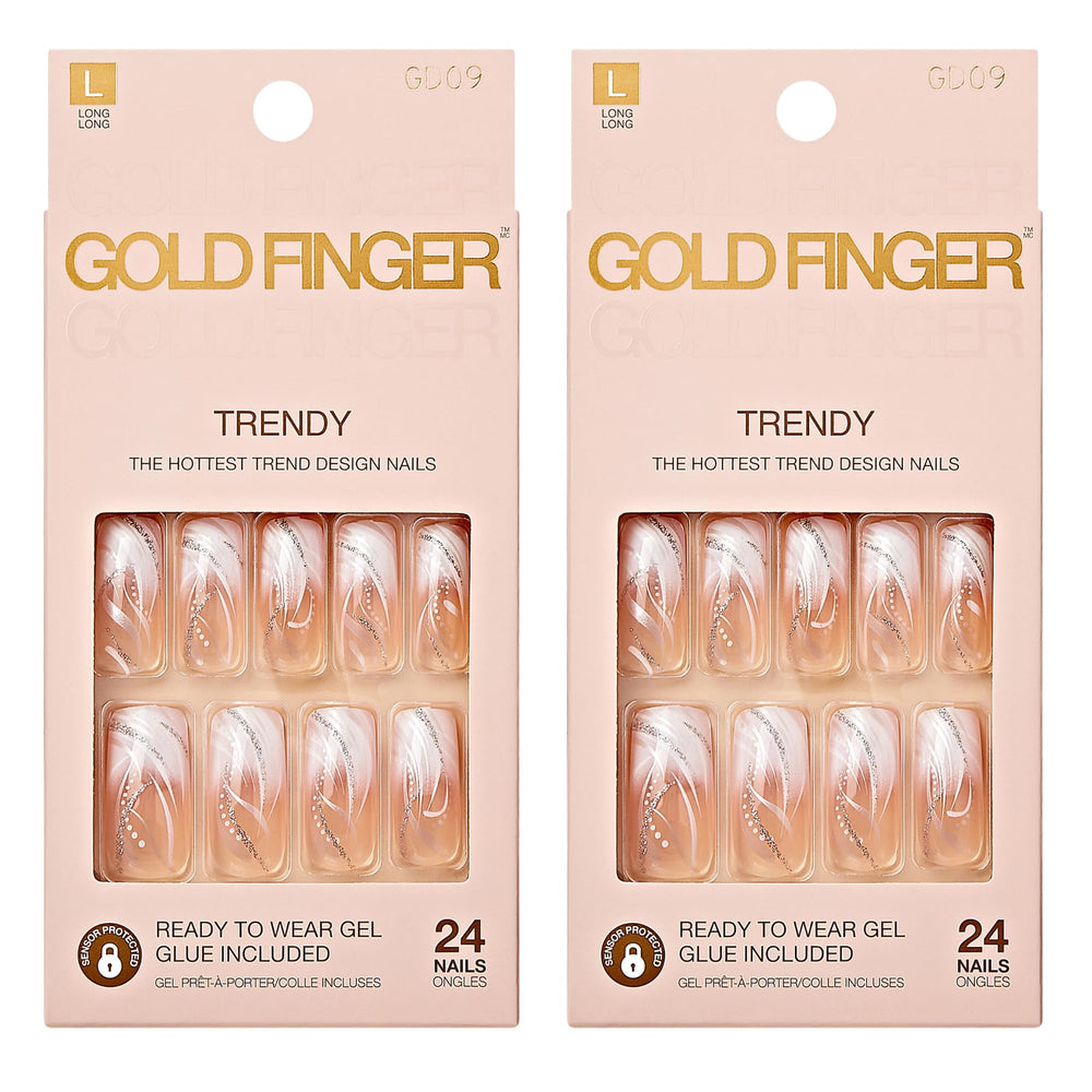 Goldfinger front packaging showing two full-cover long nails and glossy finish benefit