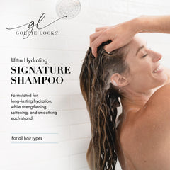 Goldie Locks shampoo forming creamy foam to show gentle lather and effective cleansing