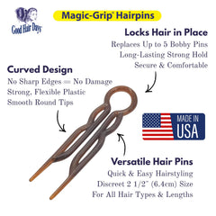 Good Hair Days pins used in an updo demonstrating invisible secure hold