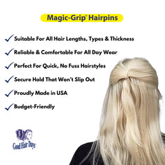Good Hair Days single pin beside coin showing 2.5-inch scale and versatility