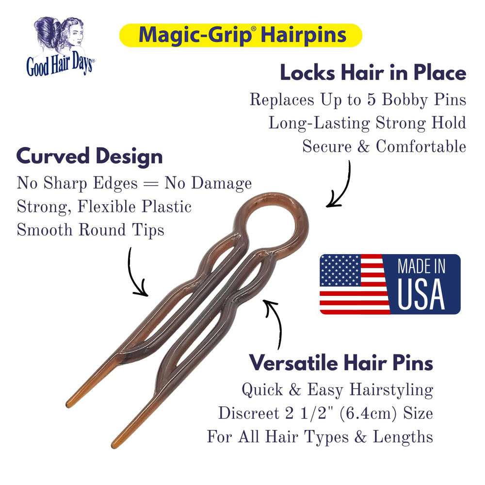 Good Hair Days pin next to a hand for scale showing 2.5-inch size advantage