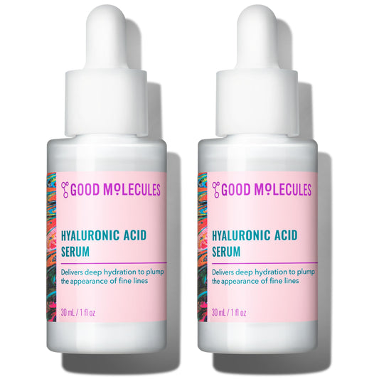 Good Molecules front packaging showing two 30 ml bottles and benefits