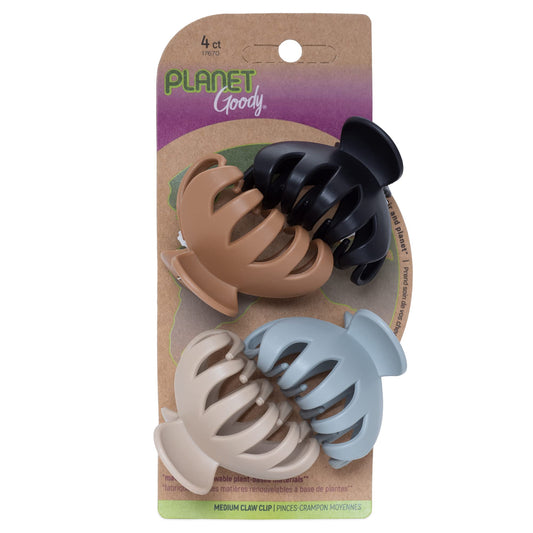 GOODY front packaging showing four neutral claw clips and sustainable branding benefit