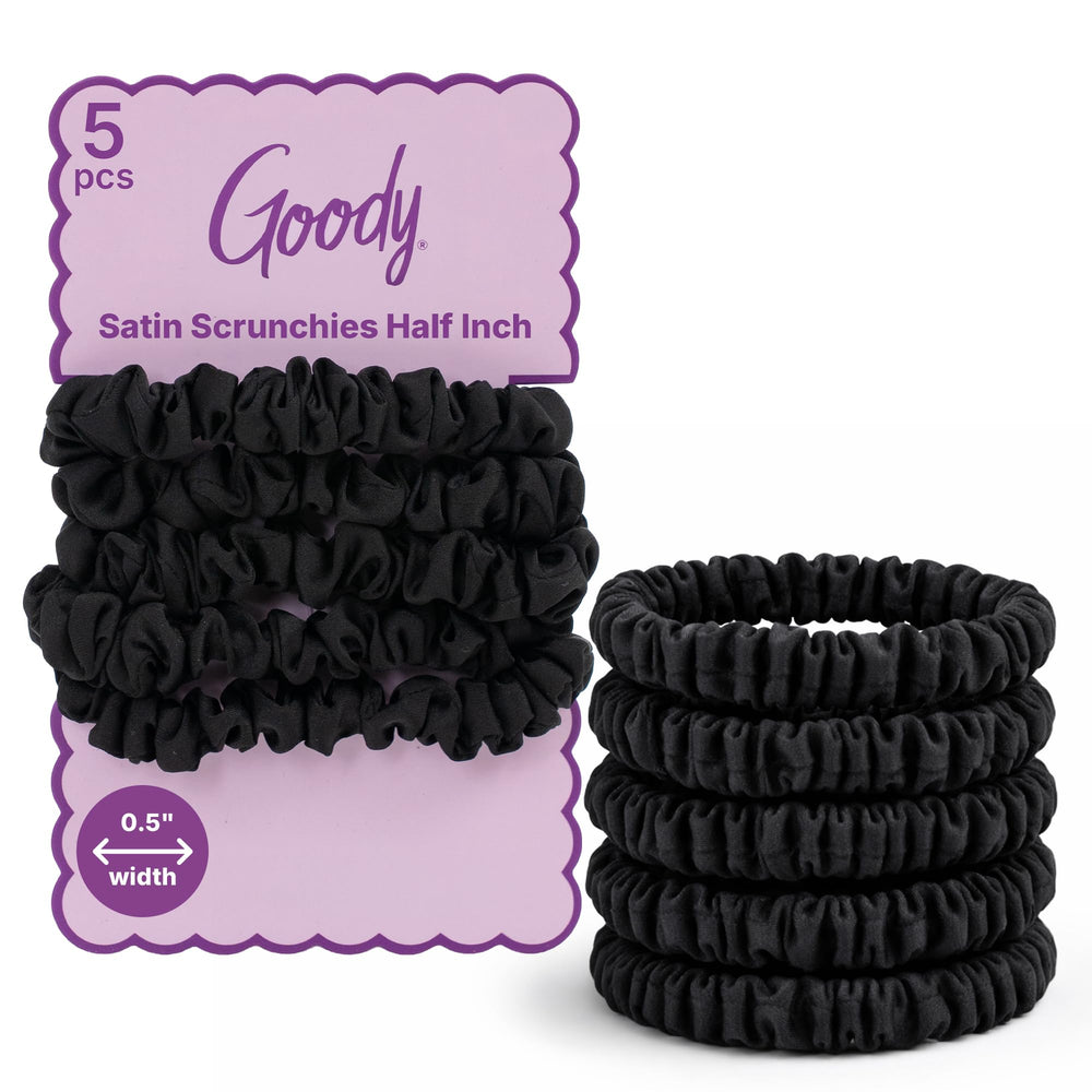 GOODY front packaging showing five black satin scrunchies, convenient gift-ready set
