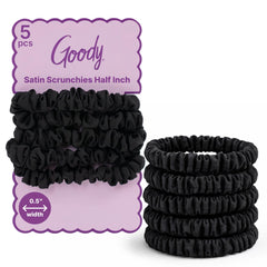 GOODY front packaging showing five black satin scrunchies, convenient gift-ready set