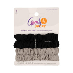 Goody front packaging showing four gray and black scrunchies and clear benefit