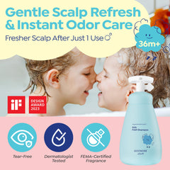 GOONGBE shampoo pump close-up highlighting easy dispense and gentle cleanser