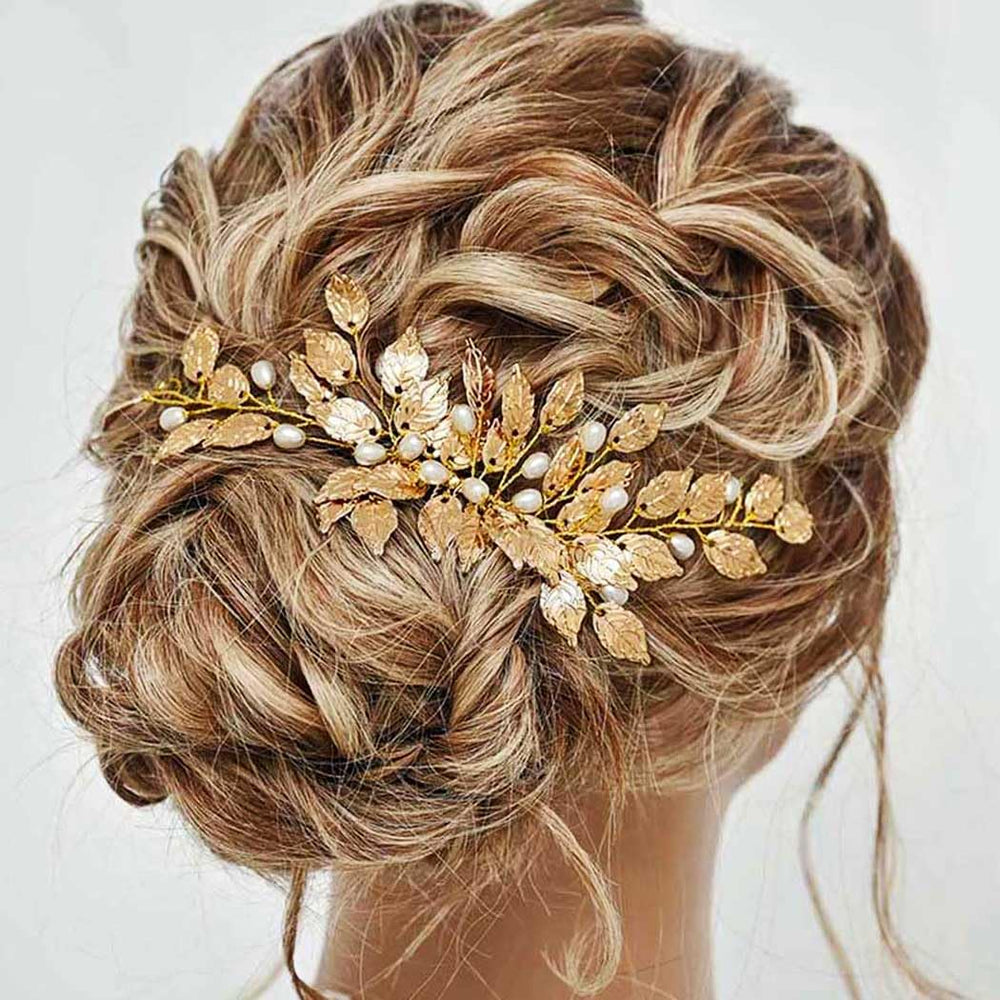 GORAIS front view gold wedding hair comb showing elegant leaves and pearls for bridal sparkle