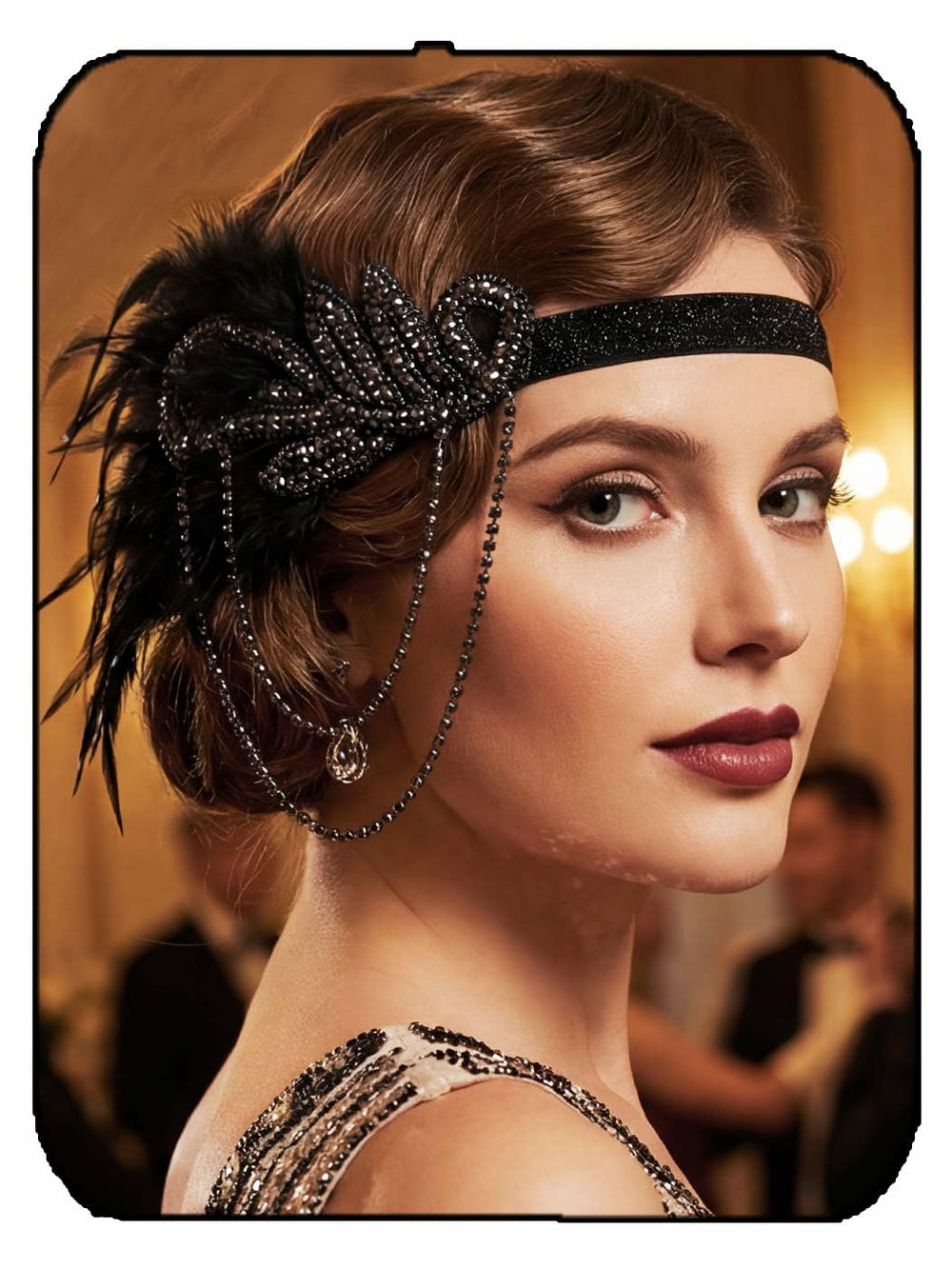 GORTIN front view of black flapper headband showing sparkle and vintage appeal