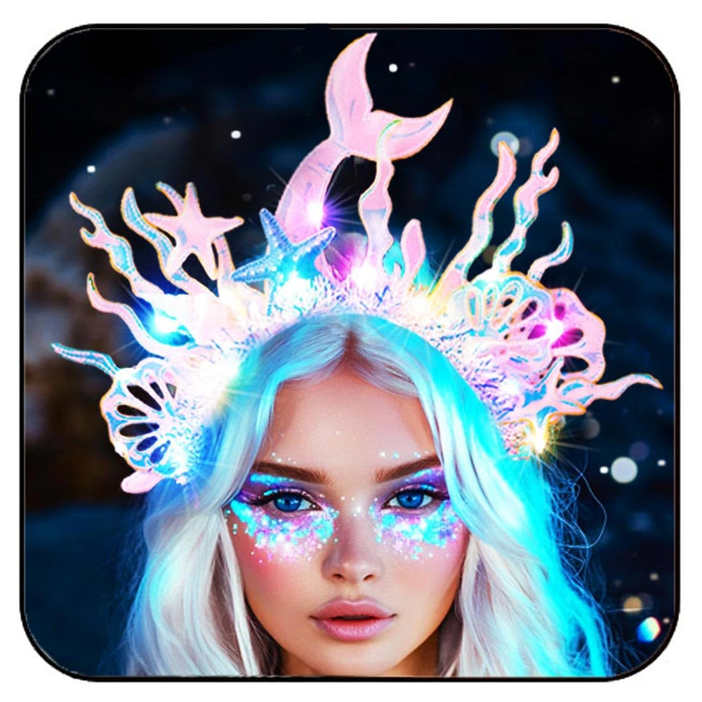GORTIN front view of mermaid headband showing shells and starfish, eye-catching accessory
