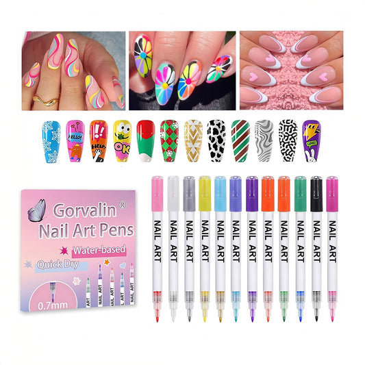 Gorvalin front packaging showing all 12 vibrant nail art pens and kit benefits
