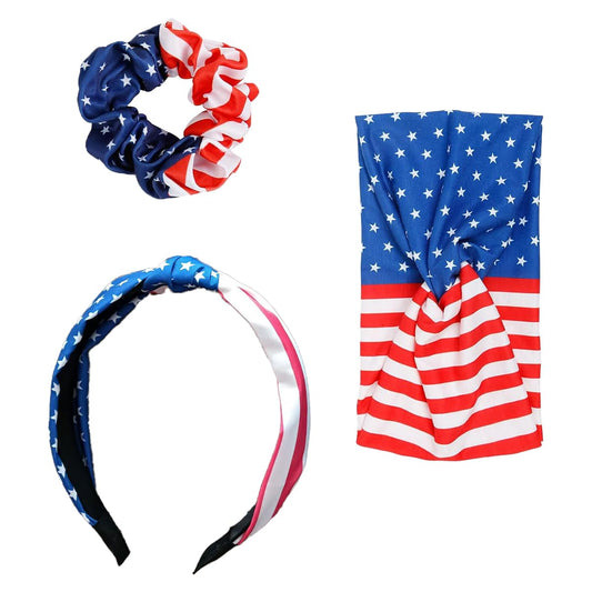 Goulogh front packaging showing 3-piece patriotic headband and scrunchie set for instant holiday style