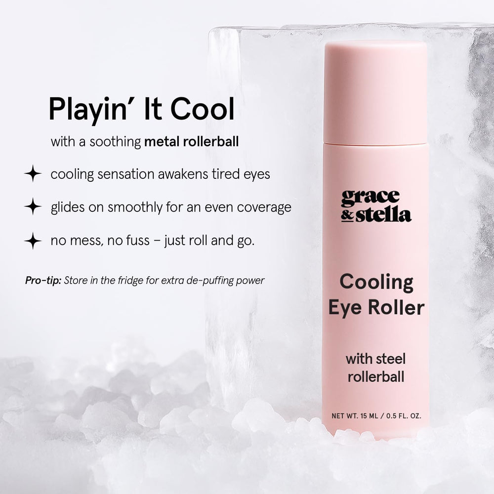grace & stella metal rollerball close-up providing cool massage and immediate soothe