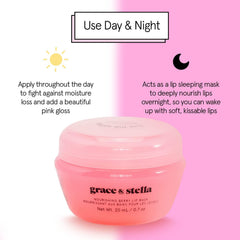 grace & stella bedside jar showing overnight lip mask use for intense hydration