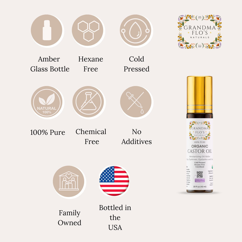 Grandma Flo's Naturals rolling oil onto lips for softening and subtle moisture