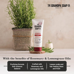 Grandpa Soap Company closeup of label highlighting rosemary and lemongrass ingredients