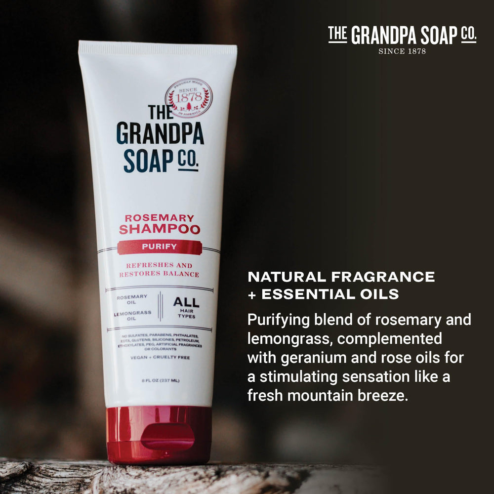 Grandpa Soap Company shampoo in bathroom scene demonstrating everyday use benefit