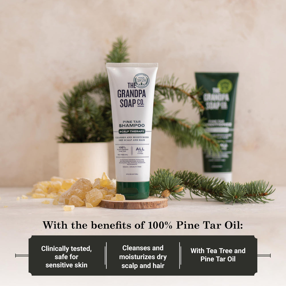 Grandpa's Soap Pine Tar Shampoo paired with conditioner, showing balanced hair care routine