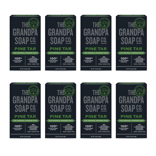 Grandpa Soap Company front packaging showing eight bars and benefits
