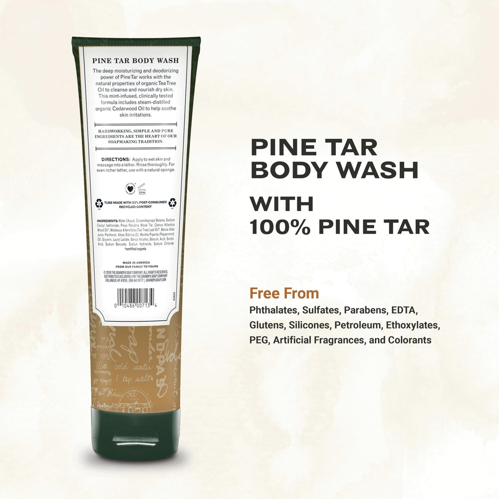 Close-up of Pine Tar body wash texture highlighting gentle lather and moisturizing feel