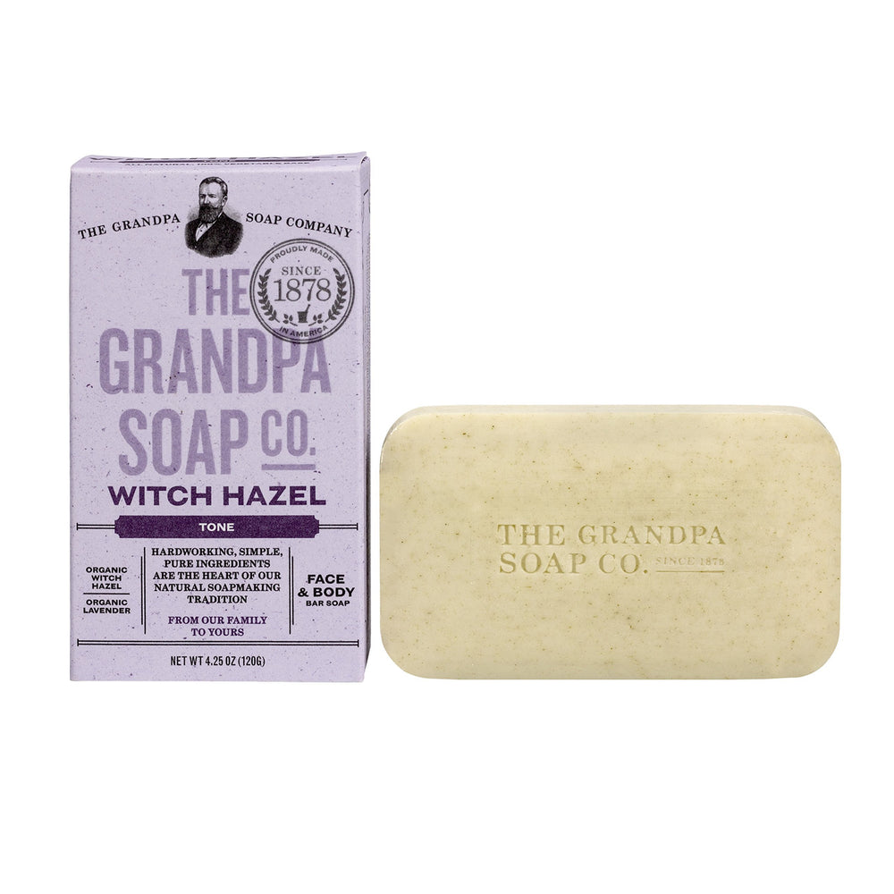 Grandpa's Soap Company bar front packaging showing witch hazel and lavender, gentle cleansing benefit