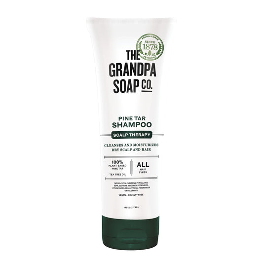 Grandpa's Soap front tube showing Wonder Pine Tar Shampoo, clear product ID and benefits
