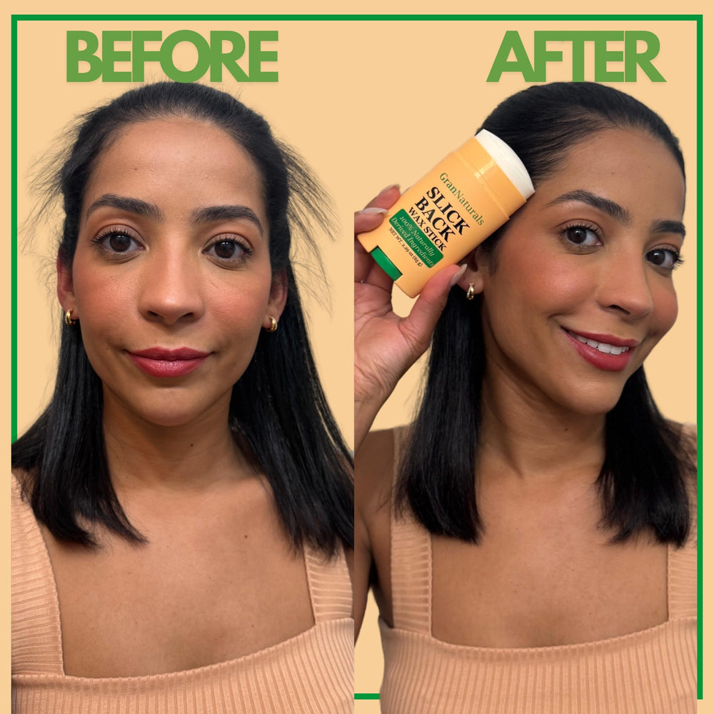 GranNaturals stick applied at hairline demonstrating frizz control and hold