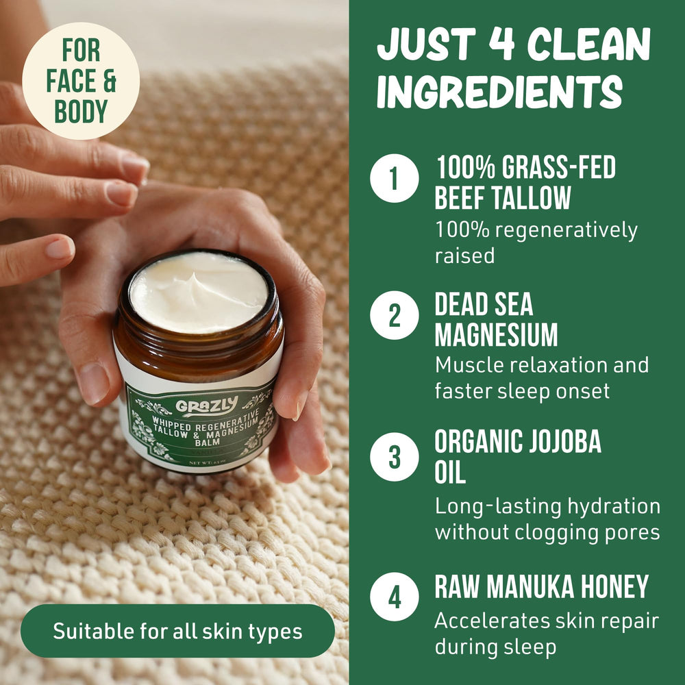 Grazly ingredients lineup with Manuka honey, magnesium flakes, jojoba oil