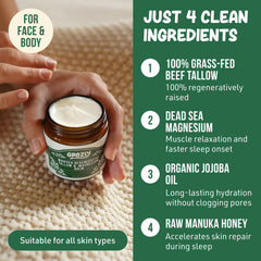 Grazly ingredients lineup with Manuka honey, magnesium flakes, jojoba oil