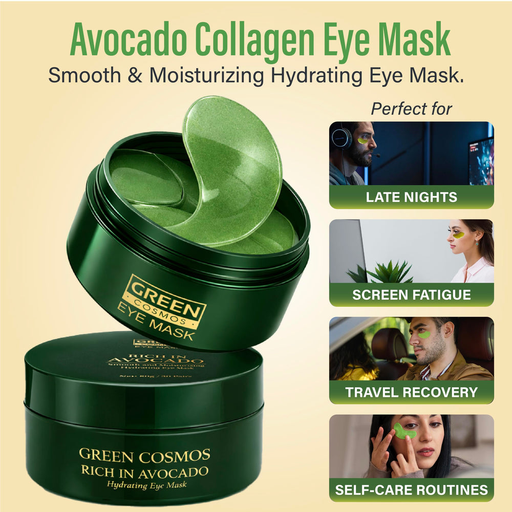 Green Cosmos patch applied under eye demonstrating de-puffing effect