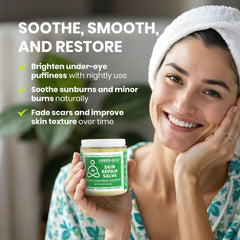 Open jar top revealing creamy Green Goo salve for easy scoop use