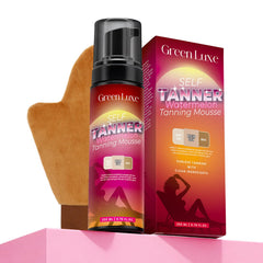 Green Luxe front packaging showing mousse and mitt for effortless tanning