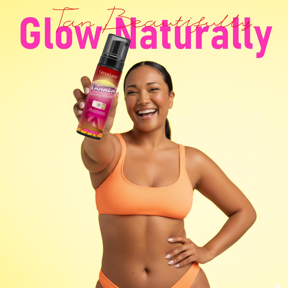 Green Luxe lifestyle scene on beach towel showing wearable, hydrated tan
