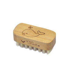 Green Sprouts nail brush front view showing compact design and gentle bristles for comfort