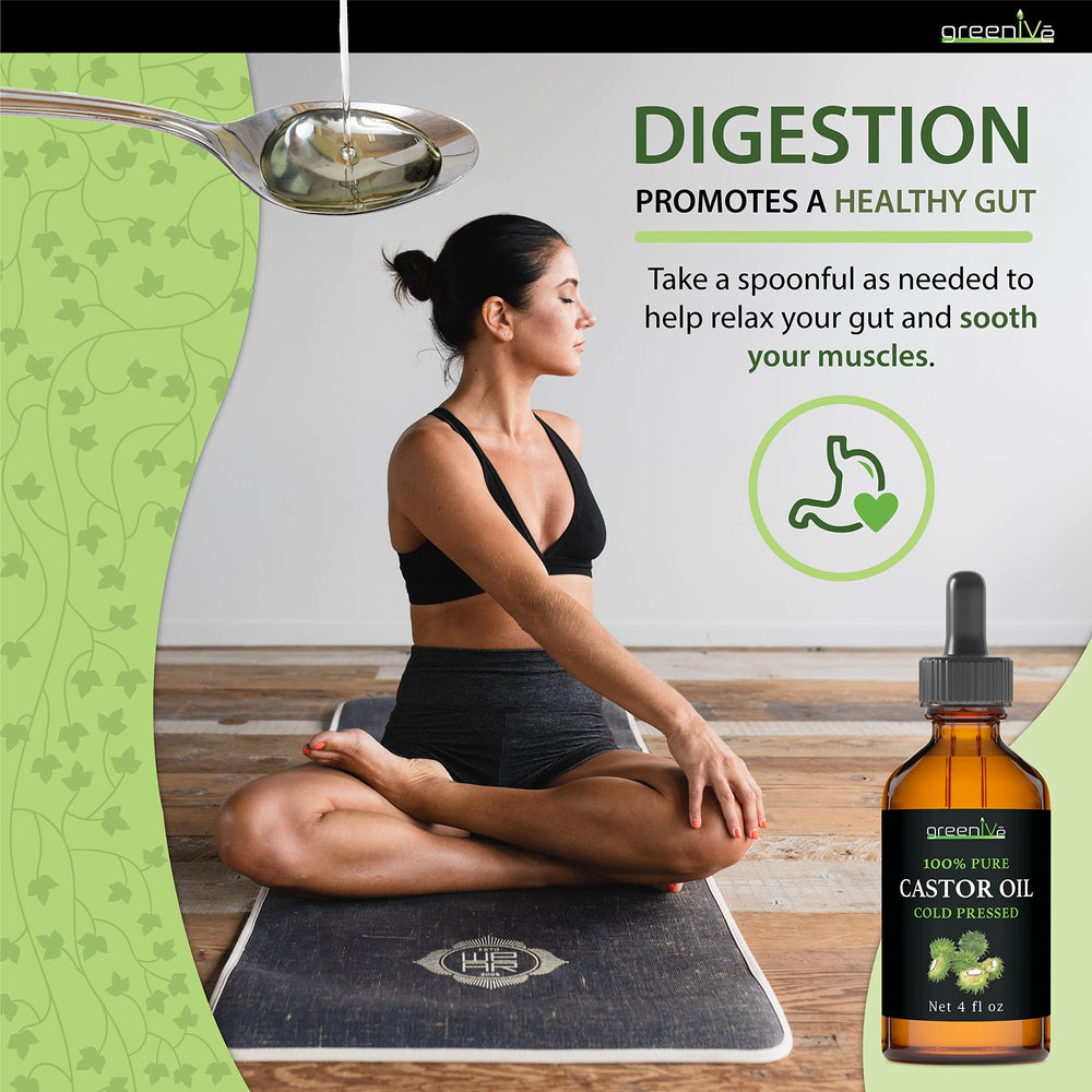 Castor oil pack on cotton flannel with GreenIVe bottle ready for home wellness