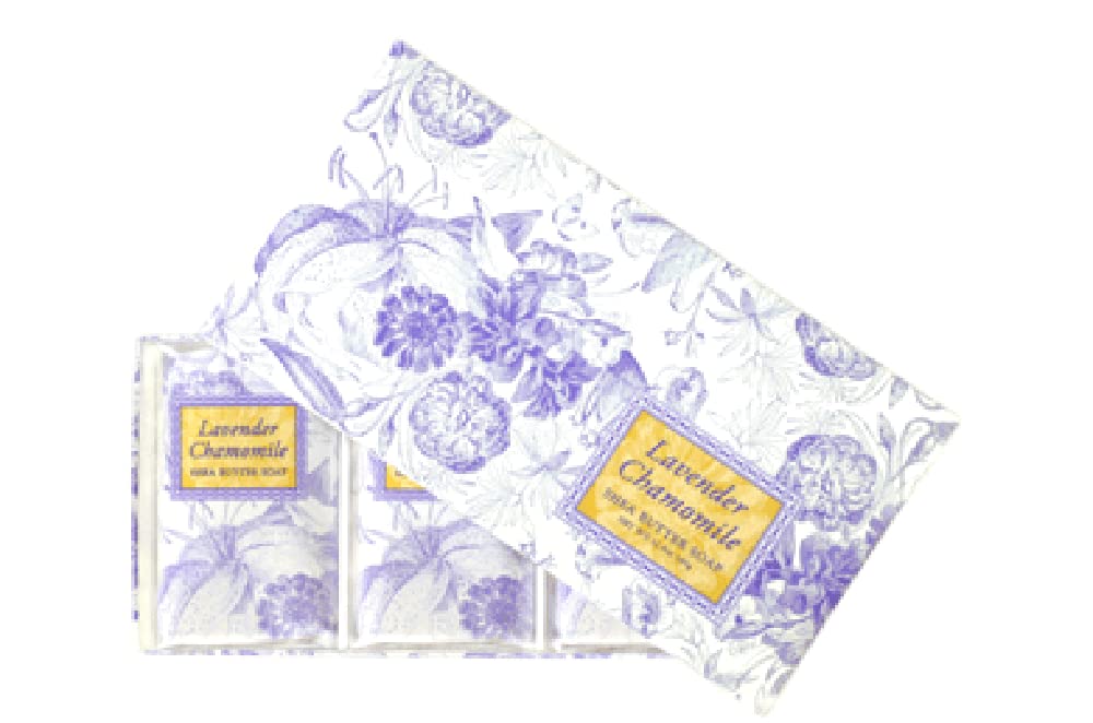 Greenwich Bay Trading Company front packaging showing three lavender chamomile bars and benefits