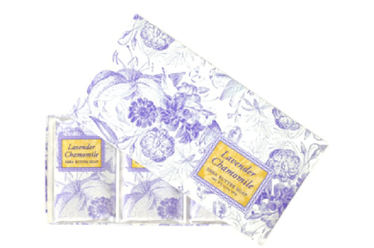 Greenwich Bay Trading Company front packaging showing three lavender chamomile bars and benefits